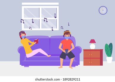 Listening music vector concept: Young couple listening music at home together while reading a book on the sofa