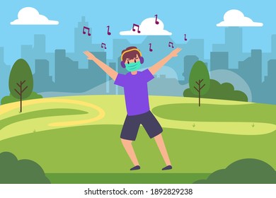 Listening music vector concept: Young man dancing and listening music in the park