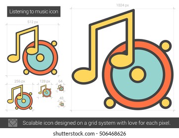 Listening to music vector line icon isolated on white background. Listening to music line icon for infographic, website or app. Scalable icon designed on a grid system.