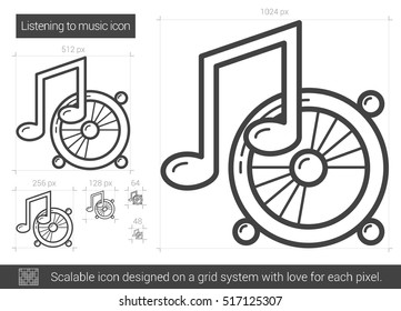 Listening to music vector line icon isolated on white background. Listening to music line icon for infographic, website or app. Scalable icon designed on a grid system.