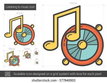 Escuchar el icono de la línea vectorial de música aislado en fondo blanco. Icono de línea musical para infografía, sitio web o aplicación. Icono escalable diseñado en un sistema de cuadrícula.
