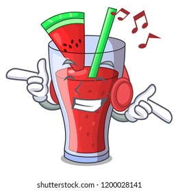 Listening music watermelon juice with watermelon fruit cartoon