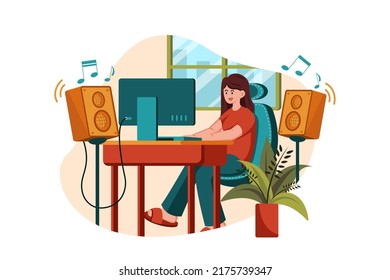 Listening to music while doing work from home. Remote Working Illustration concept.