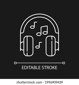 Listening to music white linear icon for dark theme. Headphones with playing song. Audio in headset. Thin line customizable illustration. Isolated vector contour symbol for night mode. Editable stroke