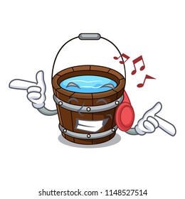 Listening music wooden bucket mascot cartoon