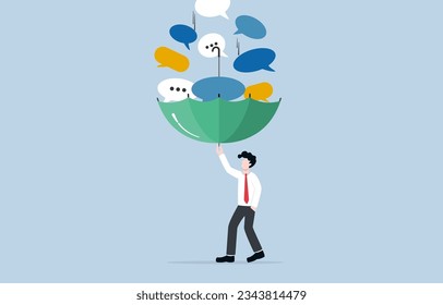 Listening to opinions, good listener, accepting criticism for self-improvement concept, Businessman opening umbrella to support falling speech bubbles.