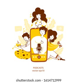 Escuchando el hobby de podcast ilustración plana vectorial amarilla