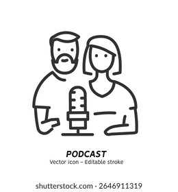 Ouvindo podcast com microfone e gravação podcasts ícone único. Podcast em áudio. Conceito de podcasting on-line, programa de rádio on-line, som estúdio vetor plano ícone de contorno. Traçado editável