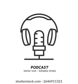 Ouvindo podcast com microfone e gravação podcasts ícone único. Podcast em áudio. Conceito de podcasting on-line, programa de rádio on-line, som estúdio vetor plano ícone de contorno. Traçado editável