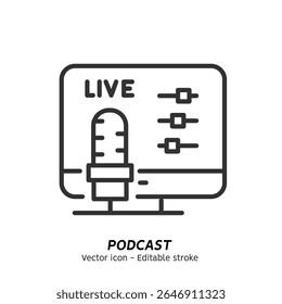 Ouvindo podcast com microfone e gravação podcasts ícone único. Podcast em áudio. Conceito de podcasting on-line, programa de rádio on-line, som estúdio vetor plano ícone de contorno. Traçado editável
