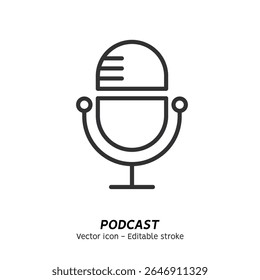 Listening podcast with microphone and recording podcasts single icon. Audio podcast. Concept of online podcasting, online radio show, sound studio vector flat outline icon. Editable stroke
