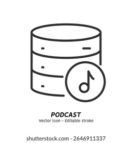 Listening podcast with microphone and recording podcasts single icon. Audio podcast. Concept of online podcasting, online radio show, sound studio vector flat outline icon. Editable stroke