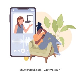 Listening to podcast on mobile phone flat concept vector spot illustration. Student watching episode. Editable 2D cartoon character on white for web design. Hobby creative idea for website, mobile app