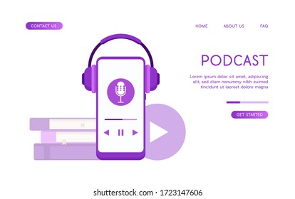 Listening to a podcast via smartphone. A phone with headphones on and a podcast app on the screen. On the background are translucent books and the play symbol of a media player.
