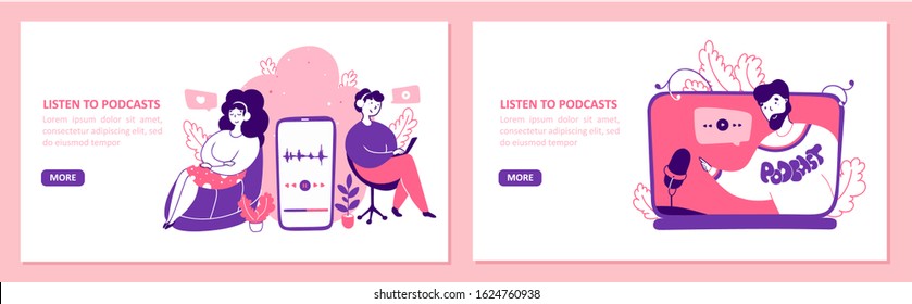 Listening to podcasts flat vector landing page templates set