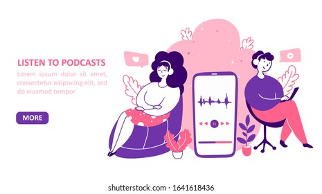 Listening to podcasts flat vector landing page templates set