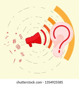 Listening to problem concept. Pay attention to complainer metaphor. Respond to complaint. Symbol of help center. Vector illustration concept outline flat design style.