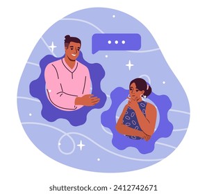 Listening skill concept. Man and woman in coghweels communicate. Teamwork and soft skills at work. Employees, partners and colleagues discuss project. Cartoon flat vector illustration