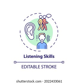 Listening skills concept icon. Ability to communicate. Contact with people. Social skills. Self development idea thin line illustration. Vector isolated outline RGB color drawing. Editable stroke