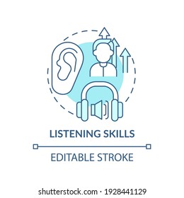 Listening skills concept icon. Language learning competence idea thin line illustration. Practicing active listening. Communication process. Vector isolated outline RGB color drawing. Editable stroke