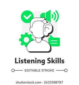 Listening skills flat outline concept icon. Language learning competence. Accurately receiving, interpretation messages. Modern line illustration with green glyphs. Conceptual visual. Easy to edit - Powered by Shutterstock - Get 15% off with code: PIKWIZARD15