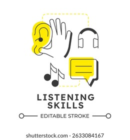 Listening skills modern linear concept icon. Social communication. Professional, empathy. Talk, conversation. Flat outline elements connected with dotted lines. Creative visual. Easy to edit