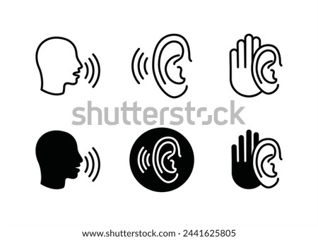Listening and speaking icon set. Containing talking, ear with sound wave, hearing, communication. Vector illustration	