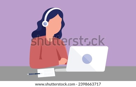 Listening Test and Listening two Students with Headphones and Papers Writing While listening, Listening test with Headphones, paper, and laptop. Female Customer Support, Help Desk, and Female Helpline