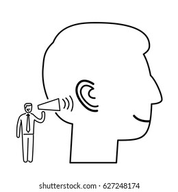 Listening. Vector illustration of businessman speaking to ear | modern flat design linear concept icon and infographic black on white background