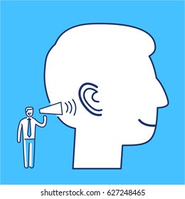 Listening. Vector illustration of businessman speaking to ear | modern flat design linear concept icon and infographic on blue background