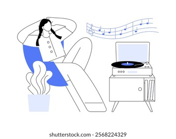 Listening to vinyl isolated cartoon vector illustrations. Girl enjoying vinyl record music, home routine, relaxing and recharging time, indoor activity, audio entertainment vector cartoon.