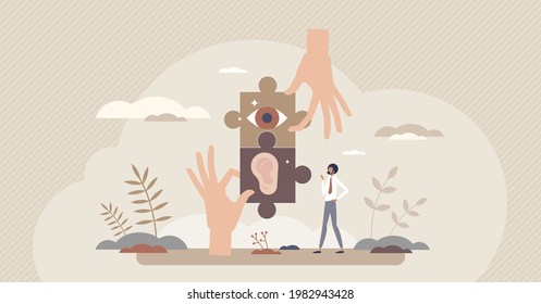 Listening and vision as connected human perception senses tiny person concept. Ear and eyes for information observation as jigsaw puzzle pieces vector illustration. Communication organs interaction.