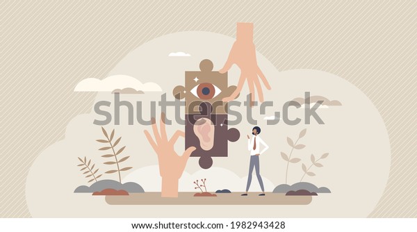 Listening and vision as connected human\
perception senses tiny person concept. Ear and eyes for information\
observation as jigsaw puzzle pieces vector illustration.\
Communication organs\
interaction.