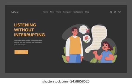 Listening without interrupting dark or night mode web, landing. Father listening to daughter. Active and patient hearing, perceiving thoughts and ideas. Flat vector illustration