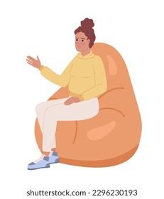 Listening woman on bean bag semi flat color vector character. Showing support. Editable figure. Full body person on white. Simple cartoon style spot illustration for web graphic design and animation