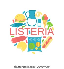 Listeria contaminated food icons. Stock vector illustration of products that may cause listeriosis. Medicine and biology collection. Flat style