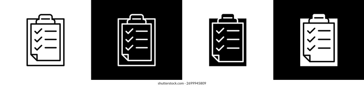 Conjunto de iconos de listado en estilo de línea y glifo sobre fondo blanco y negro