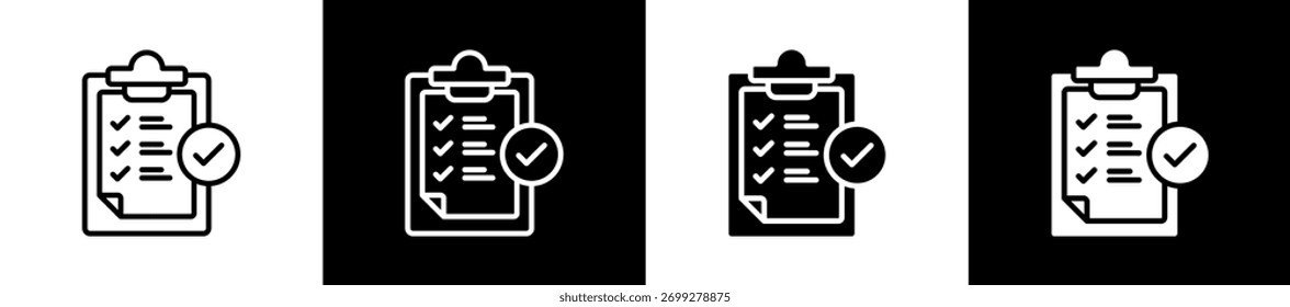 Variaciones de iconos de listado en estilo de línea y glifo sobre fondo blanco y negro