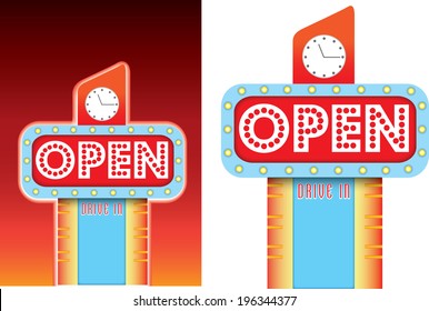 lit up 1950s neon retro sign with a big flashing open sign