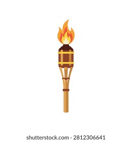 Lit bamboo tiki torch with bright orange flame illumination festival tropical equipment isolated illustration