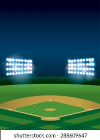 A lit baseball or softball field stadium at night. Vector EPS 10 available. EPS file contains transparencies and gradient mesh. Room for copy.