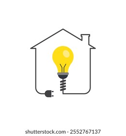 Lit bulb inside house outline with cord; ideal for illustrating home energy efficiency, electricity usage, smart home concepts in design.