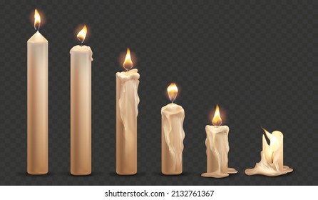 Lit candle animation. Realistic burning candles, spiritual church flame, wax wick christmas holiday birthday or spa meditation, religion paraffin, 3d vector illustration. Candle animation realistic