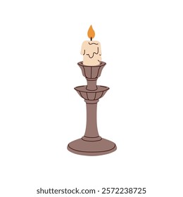 Lit candle in classic candleholder. Old candlestick, chamberstick, light decoration holder with dripping wax. Elegant cozy candlelight decor. Flat vector illustration isolated on white background