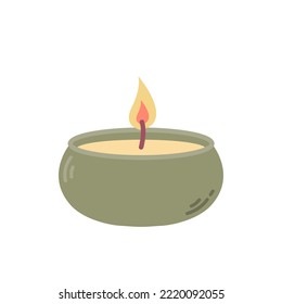 Lit candle in green candlestick, vector flat illustration on white background.
