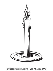 Lit candle in a holder. Black and white Vector illustration