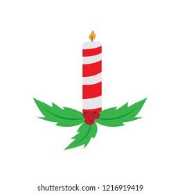 Lit candle with holly leaves. Christmas objects. Vector illustration design