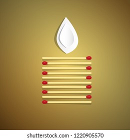 Lit Candle Made from Safety Matches with Paper Cut Flame. Vector Light Symbol.