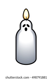 A lit candle shaped like a ghost on a black background.