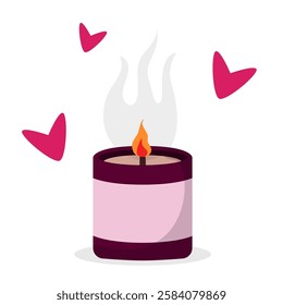 Lit candle with a soft pink container and burgundy rim, emitting a warm flame and smoke, surrounded by floating pink hearts on a white background. Romantic atmosphere